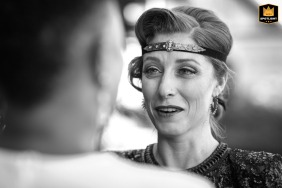   During an elopement at Santa Barbara Courthouse in Santa Barbara, CA, the bride is visibly moved, her emotions evident as she experiences the ceremony.